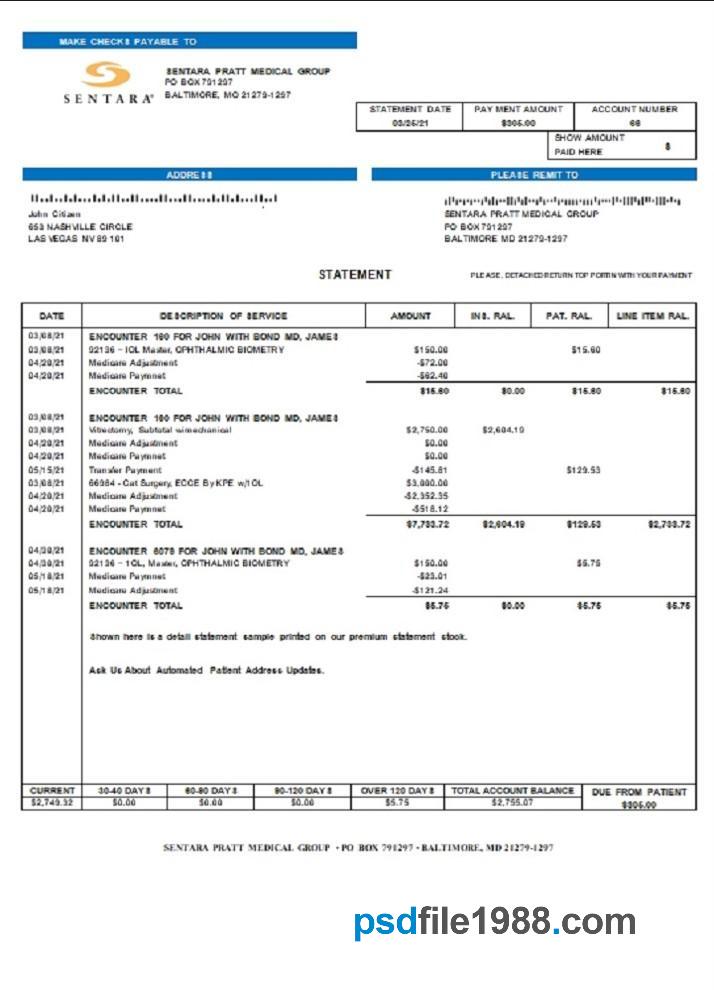 USA Sentara Pratt Medical Group Billing Statement